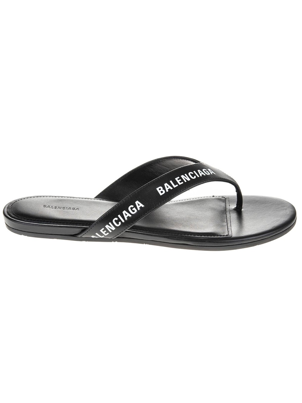 Balenciaga Black Leather Logo Thong Sandals